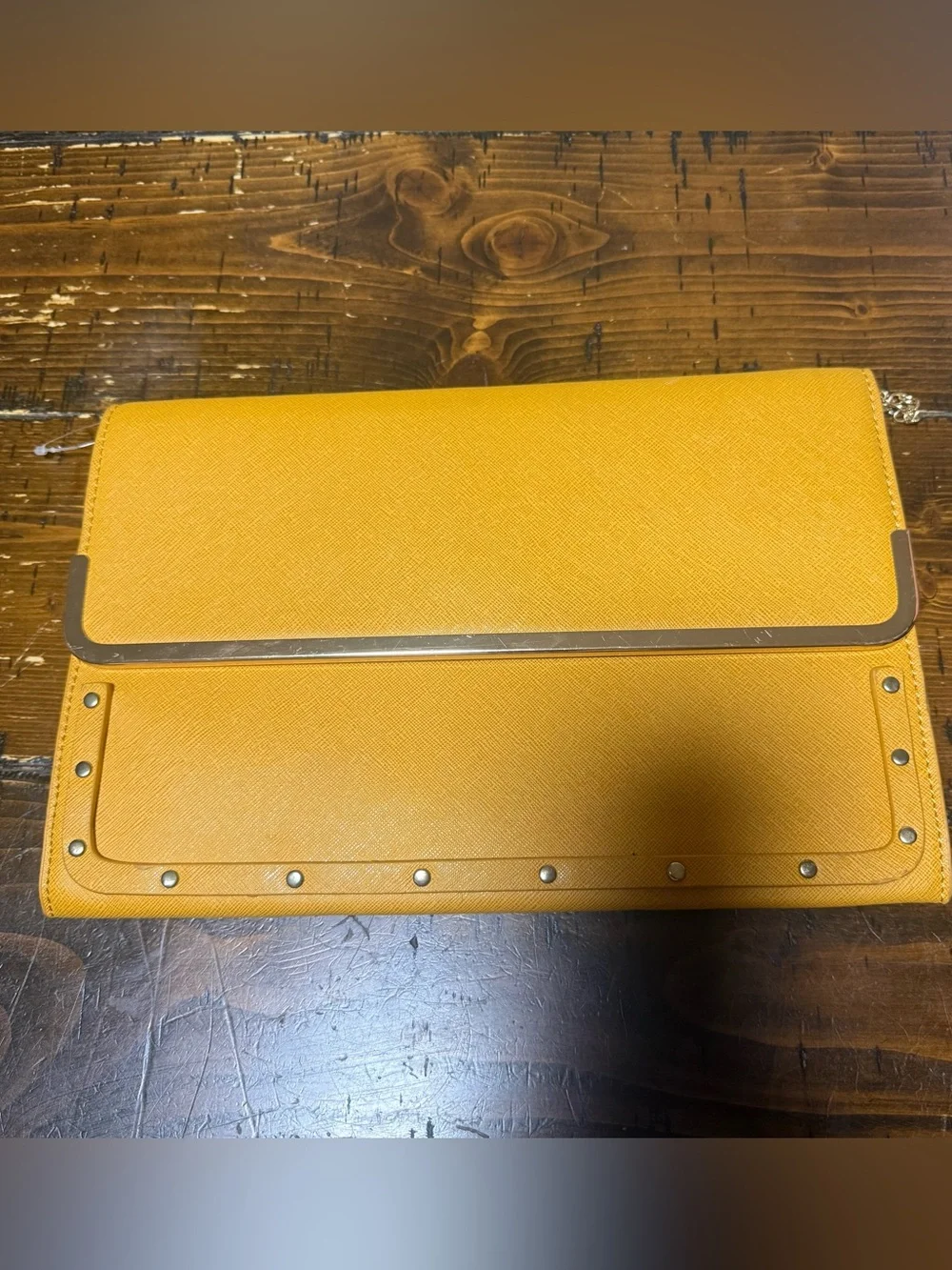 Stunning Saffron Yellow Faux Leather Clutch Bag with Gold Shoulder Chain Strap